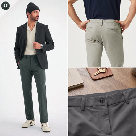 A man in a blazer and beanie, with close-ups highlighting the back pockets and waistband of gray pants fastened with Khakis, Chinos and Casual Cotton Pant Buttons, as well as keys placed on a table.