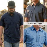 Three men wear different collared work shirts with Work Shirt Buttons—featuring military spec quality—for reliable performance in both outdoor and indoor settings.