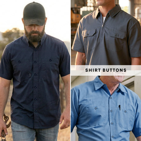 Three men wear different collared work shirts with Work Shirt Buttons—featuring military spec quality—for reliable performance in both outdoor and indoor settings.