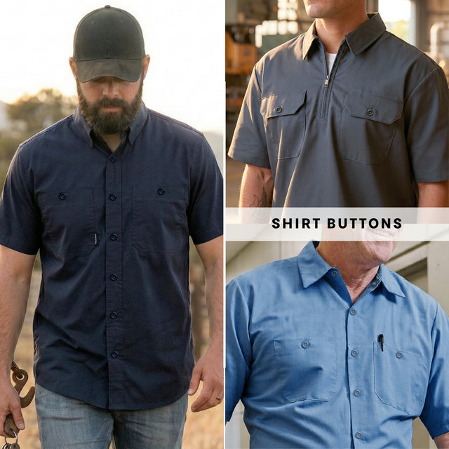 Three men wear different collared work shirts with Work Shirt Buttons—featuring military spec quality—for reliable performance in both outdoor and indoor settings.