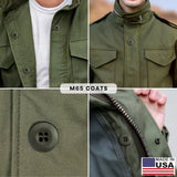 Four images of olive green M65 coats, featuring close-ups of Tactical Buttons—military spec fasteners—for tactical uniforms, as well as the sturdy zipper, with a Made in USA label at bottom right.