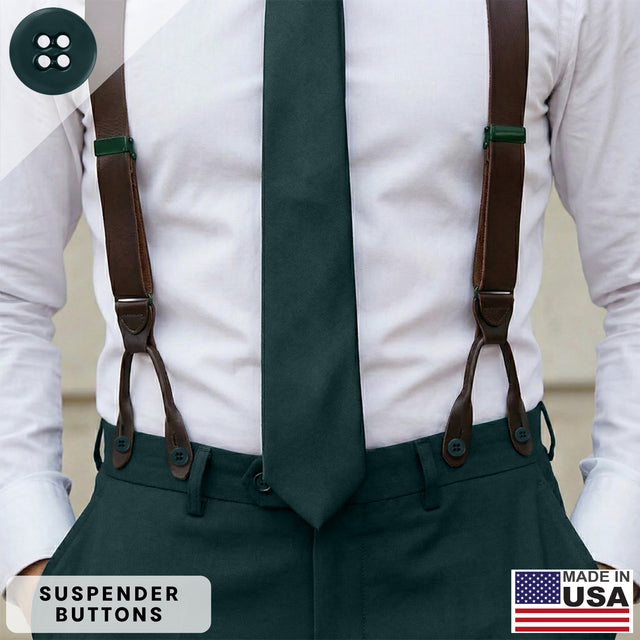 A man in a white shirt, green tie, and pants is wearing brown button-on suspenders attached with authentic Suspender Brace Pant Buttons, made in the USA.