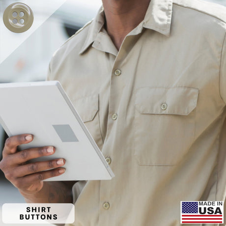 A person in a tan button-up shirt holds a tablet, featuring “Work Shirt Buttons” text and a MADE IN USA badge. Showcasing industrial work shirt buttons designed for lasting durability.