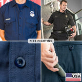 Four images of a navy blue firefighter uniform highlight the badge, tactical fasteners, Tactical Buttons, and hand in pocket, with a USA flag label.
