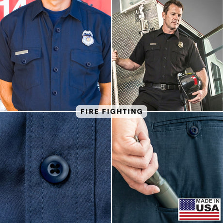 Four images of a navy blue firefighter uniform highlight the badge, tactical fasteners, Tactical Buttons, and hand in pocket, with a USA flag label.