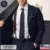 A man in a suit showcases brown Suspender Brace Pant Buttons; text reads Military Spec Suspender Brace Pant Buttons and Made in USA with a flag graphic.