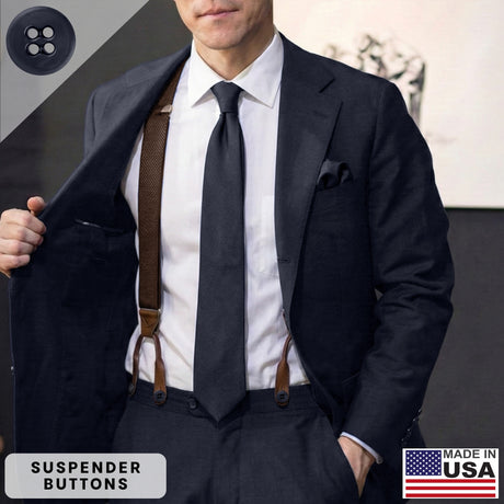 A man in a suit showcases brown Suspender Brace Pant Buttons; text reads Military Spec Suspender Brace Pant Buttons and Made in USA with a flag graphic.