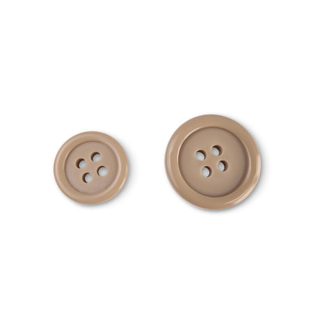 Two Basic Suit Buttons in beige poly-nylon, one small and one large, each with four holes, are displayed on a white background.