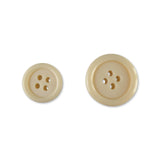 Two beige, round Basic Suit Buttons made of poly-nylon in different sizes, each with four holes, are displayed on a white background.