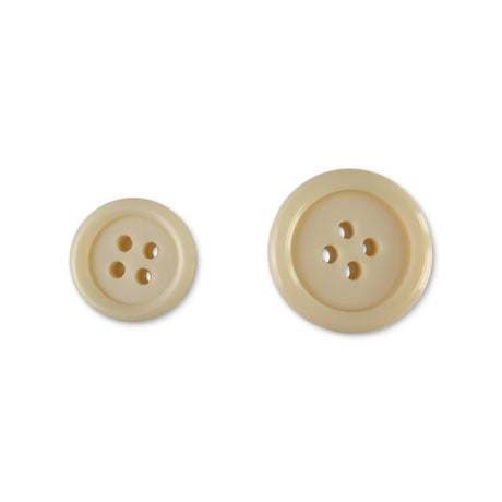 Two beige, round Basic Suit Buttons made of poly-nylon in different sizes, each with four holes, are displayed on a white background.