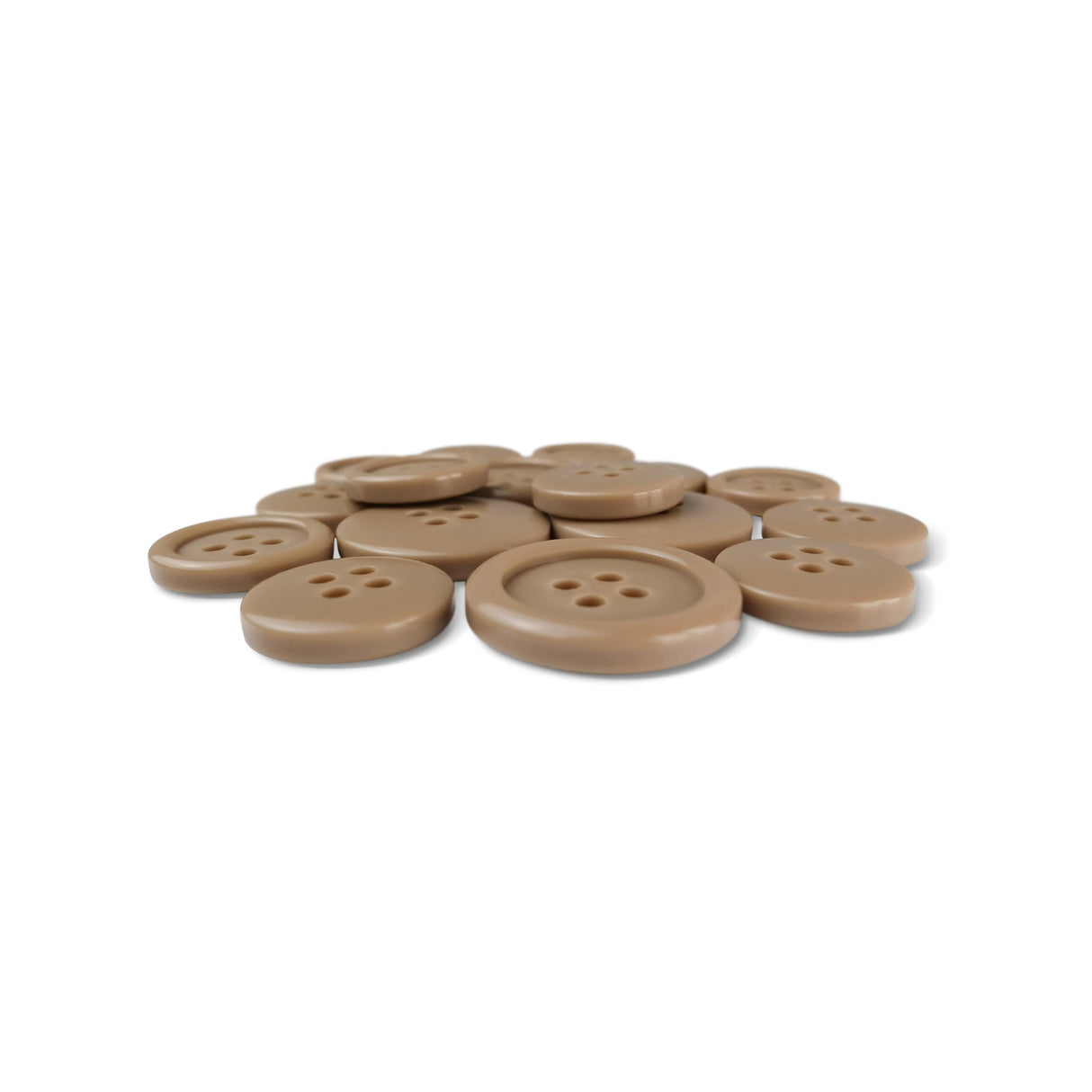 A pile of Basic Suit Buttons—brown, round, four-hole poly-nylon—displayed on a white background.