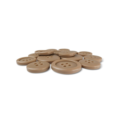 A pile of Basic Suit Buttons—brown, round, four-hole poly-nylon—displayed on a white background.