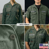 Four green Air Force uniform shirts, shown in close-up and full view, featuring military spec Tactical Buttons and a Made in USA flag label in the corner.