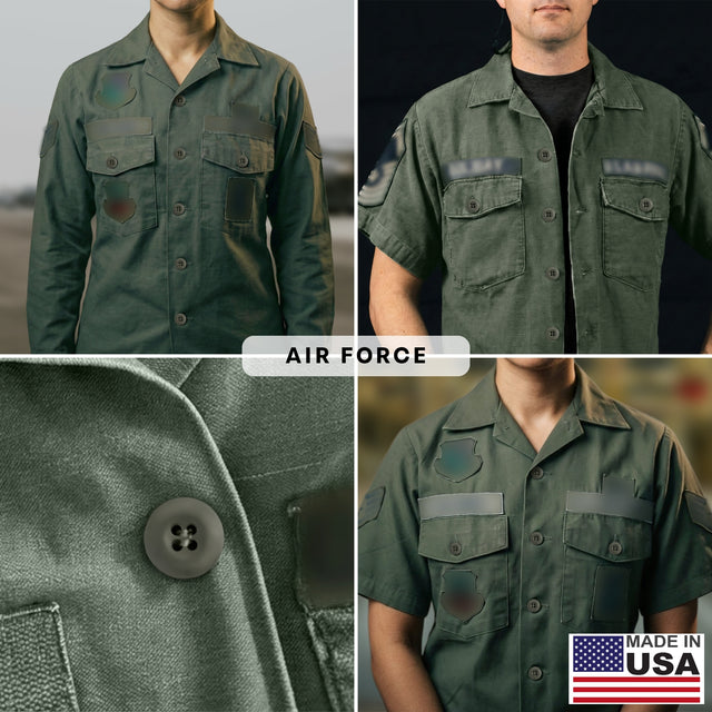 Four green Air Force uniform shirts, shown in close-up and full view, featuring military spec Tactical Buttons and a Made in USA flag label in the corner.