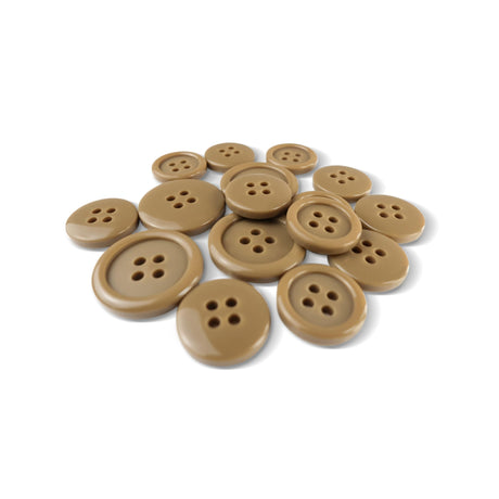 A collection of Basic Suit Buttons in brown poly-nylon with four holes, scattered on a white background.