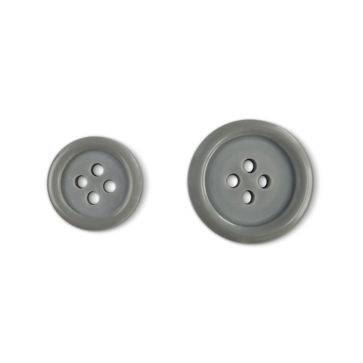 Two Basic Suit Buttons in gray, featuring four holes and different sizes, made from durable poly-nylon, displayed on a white background.