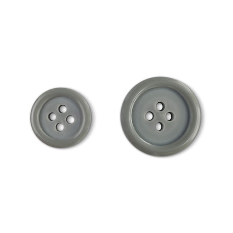 Two Basic Suit Buttons in gray, featuring four holes and different sizes, made from durable poly-nylon, displayed on a white background.