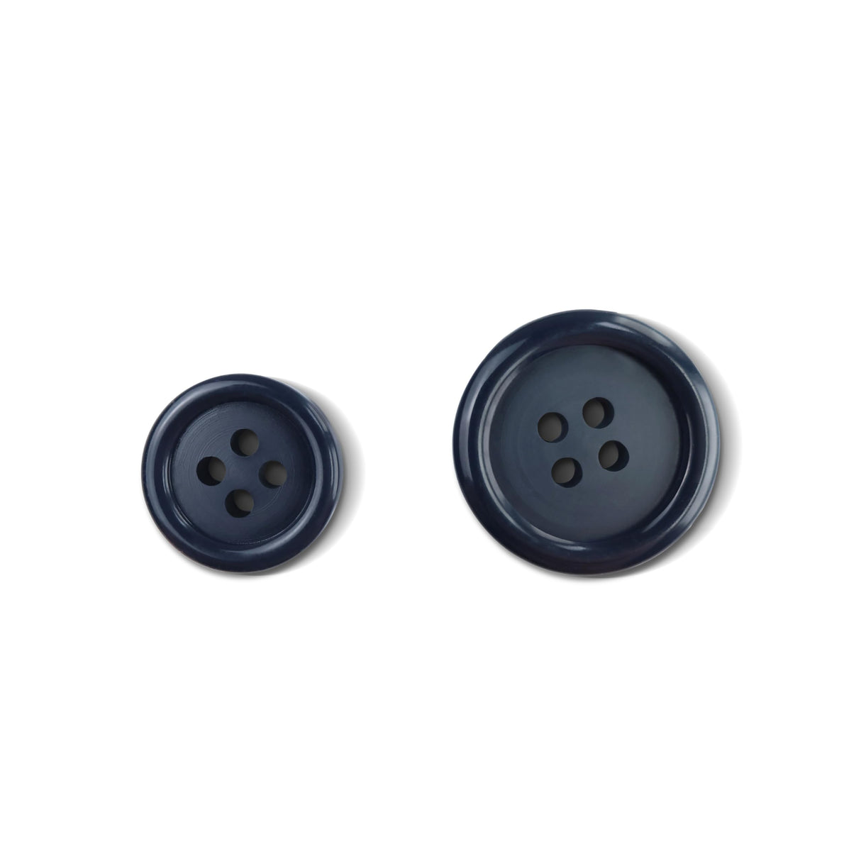 Two Basic Suit Buttons in dark blue of different sizes are displayed on a white background. Each button features four holes.