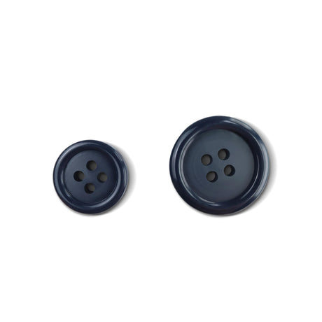 Two Basic Suit Buttons in dark blue of different sizes are displayed on a white background. Each button features four holes.