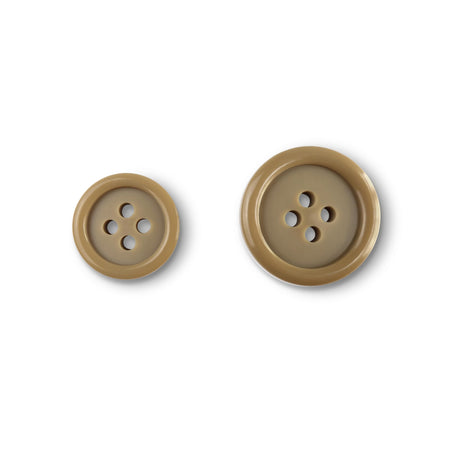 Two Basic Suit Buttons in brown, each with four holes and different sizes, made from durable poly-nylon, are shown on a white background.