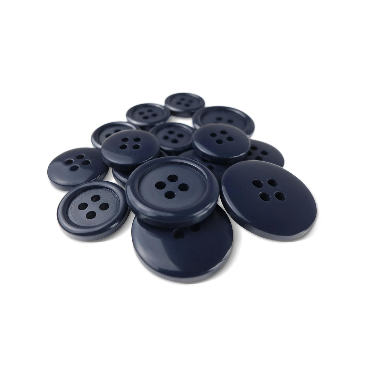 A selection of Basic Suit Buttons in assorted dark blue poly-nylon, various sizes for suits and blazers, displayed on a white background.