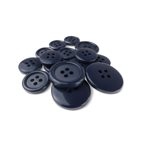 A selection of Basic Suit Buttons in assorted dark blue poly-nylon, various sizes for suits and blazers, displayed on a white background.