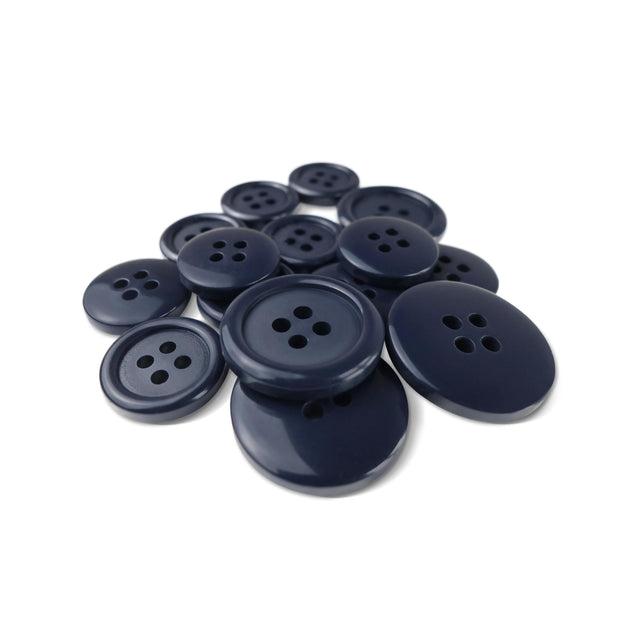 A selection of Basic Suit Buttons in assorted dark blue poly-nylon, various sizes for suits and blazers, displayed on a white background.