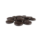 A pile of Basic Suit Buttons, round and dark brown with four holes, made of poly-nylon, rests on a white background.