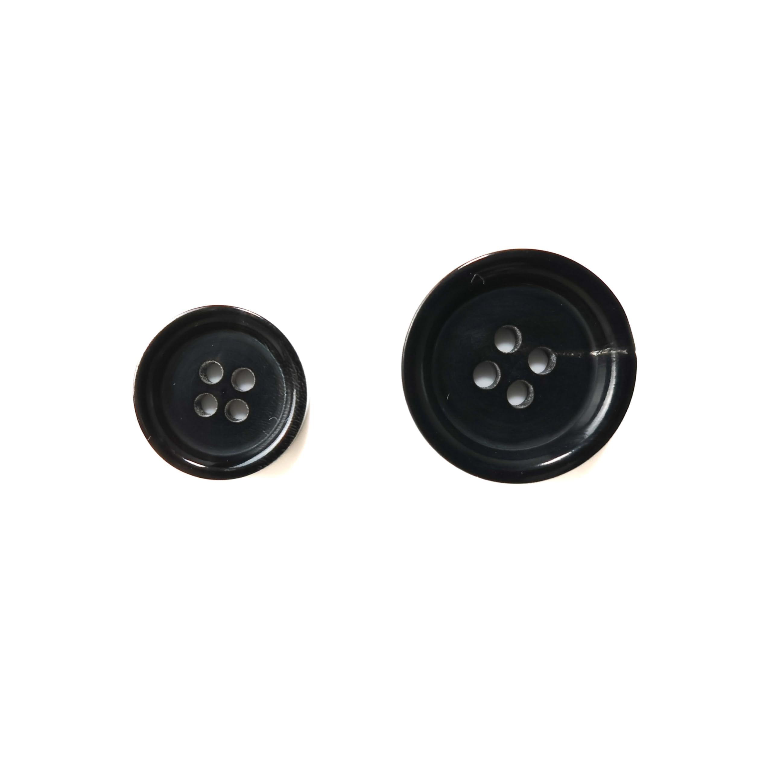 Two Buffalo Horn Suit Buttons, one small and one large, both black with four holes, are shown on a white background.