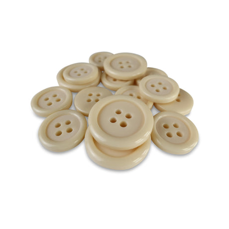 A set of beige Basic Suit Buttons with four holes, made from poly-nylon—ideal for suits or blazers—displayed on a white background.