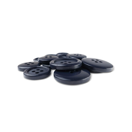 A collection of Basic Suit Buttons in dark blue and various sizes is displayed on a white background.