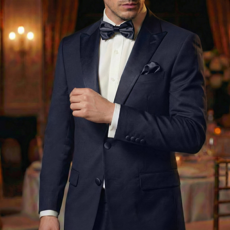 A man in a dark tuxedo featuring Tuxedo Suit Buttons and a bow tie stands in a softly lit, elegantly decorated formal room.