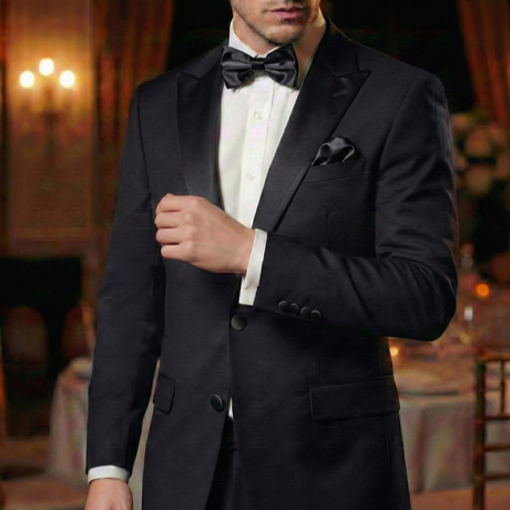 A man in a black tuxedo featuring Tuxedo Suit Buttons and a bow tie stands in an elegant, dimly lit room with a blurred background.