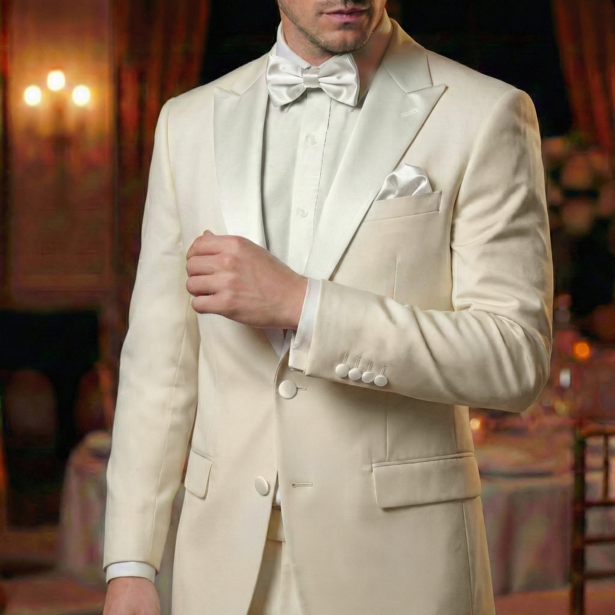 A man at a formal indoor event wears a white tuxedo with black satin Tuxedo Suit Buttons and a bow tie.