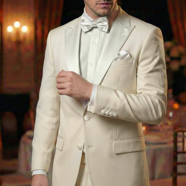 A man at a formal indoor event wears a white tuxedo with black satin Tuxedo Suit Buttons and a bow tie.