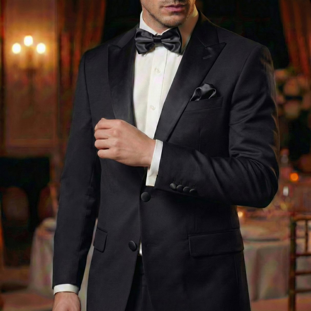 A man in a black tuxedo with Tuxedo Suit Buttons and a bow tie stands indoors at an elegant, dimly lit event.
