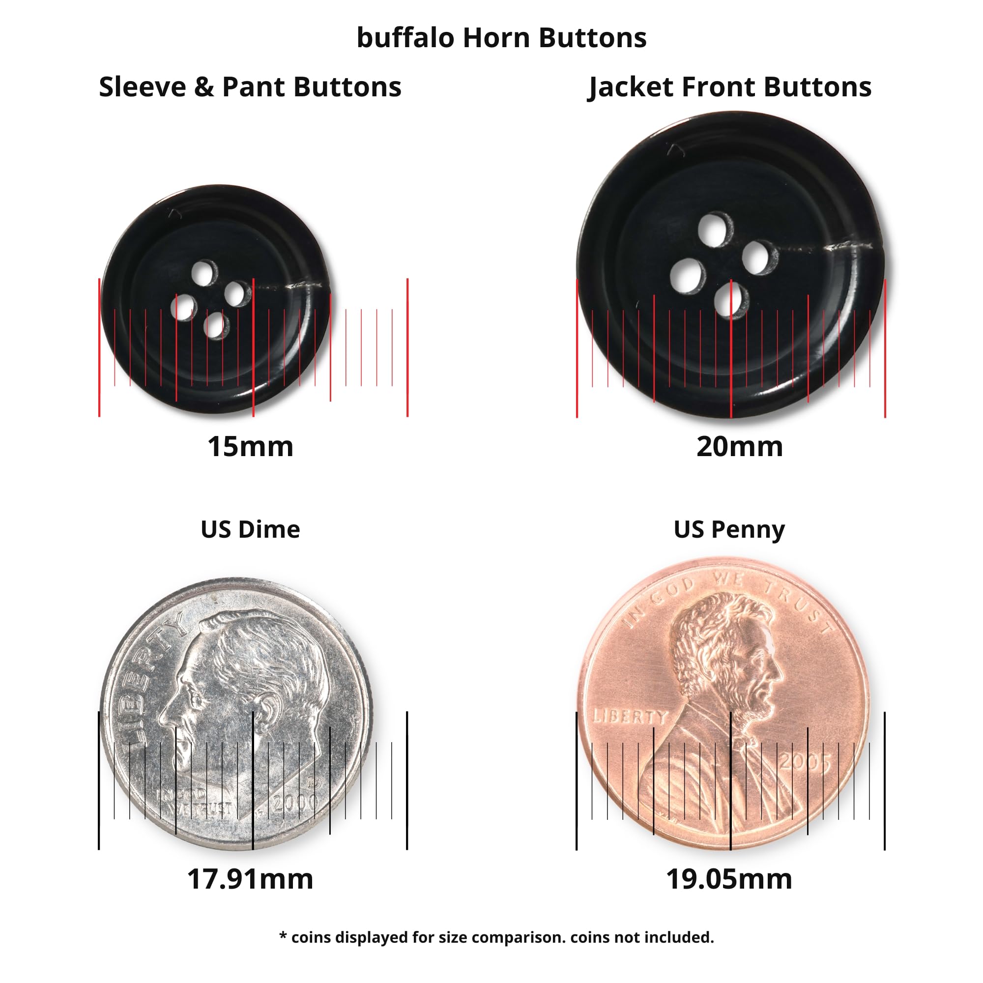 Buffalo Horn Suit Buttons in black (15mm, 20mm) shown above a US dime and penny for size reference. Coins not included. Ideal as luxury coat or elegant suit buttons.