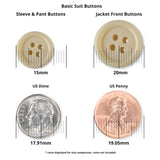 The Basic Suit Buttons set includes a 15mm poly-nylon button and a 20mm blazer button, shown alongside a US dime, penny, and metric rulers for size reference.