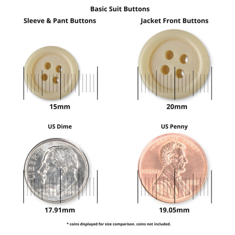 The Basic Suit Buttons set includes a 15mm poly-nylon button and a 20mm blazer button, shown alongside a US dime, penny, and metric rulers for size reference.