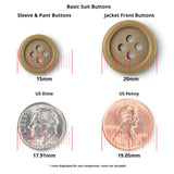 Four objects shown with size labels: 15mm and 20mm Basic Suit Buttons, a US dime (17.91mm), and a US penny (19.05mm).
