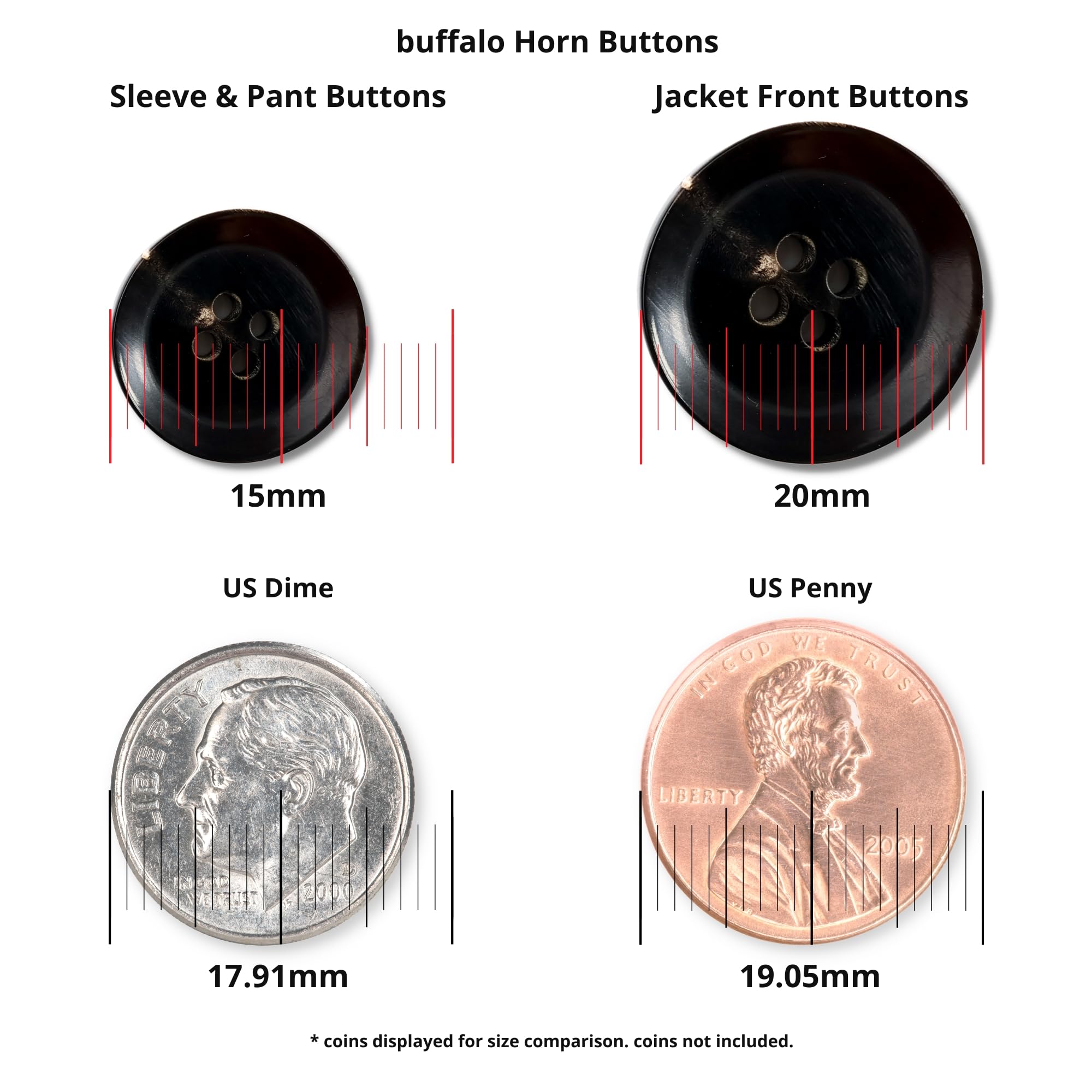 Buffalo Horn Suit Buttons (15mm, 20mm) for luxury coats or suits, pictured beside a US dime and penny for size comparison.