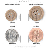 Two tan Basic Suit Buttons made of poly-nylon, shown next to a US dime and penny for size, with measurements provided in millimeters.