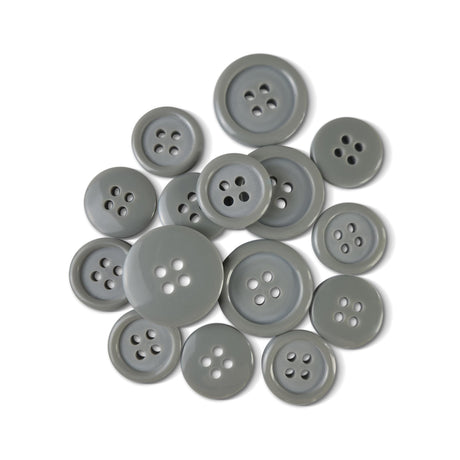 A set of Basic Suit Buttons in assorted grey poly-nylon, featuring two or four holes, displayed on a white background.
