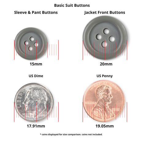 Comparison of Basic Suit Buttons (15mm and 20mm) with a dime (17.91mm) and penny (19.05mm) for size; these poly-nylon buttons are durable and sleek, matching the familiar look and scale of everyday coins.