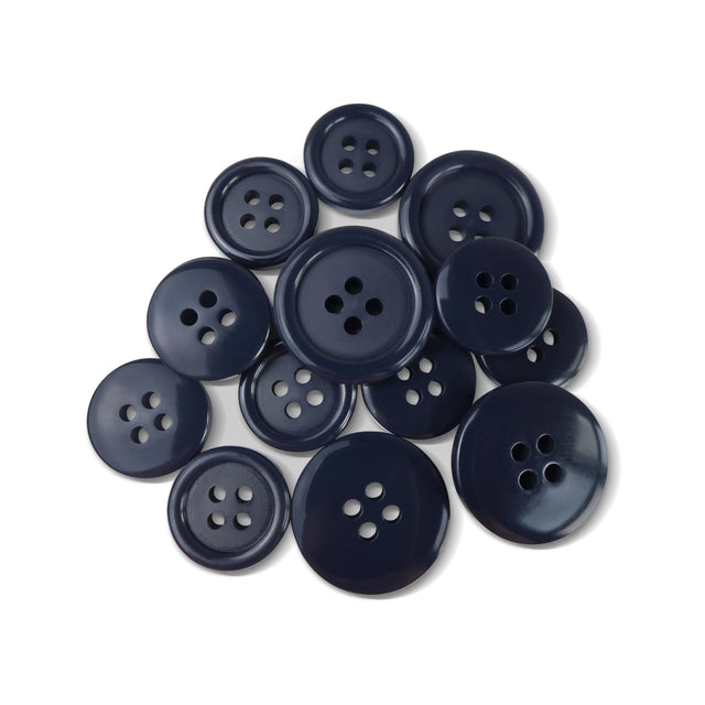 A selection of Basic Suit Buttons in dark blue poly-nylon, each with four holes and in assorted sizes, is displayed on a white background.