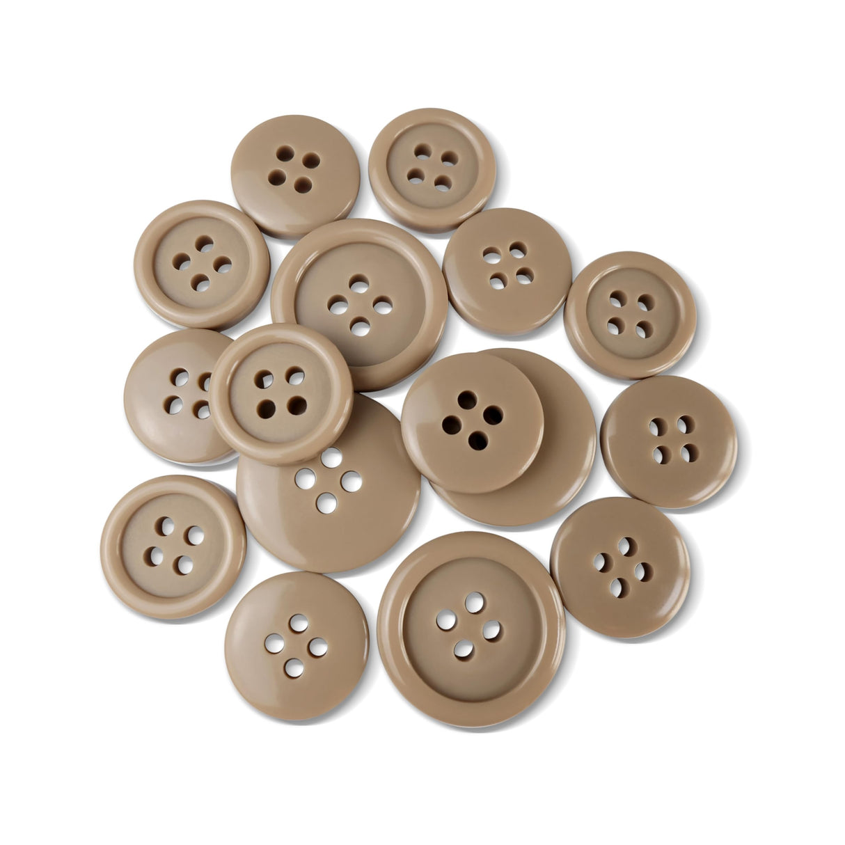 A cluster of Basic Suit Buttons in assorted sizes and beige color is arranged on a white background.