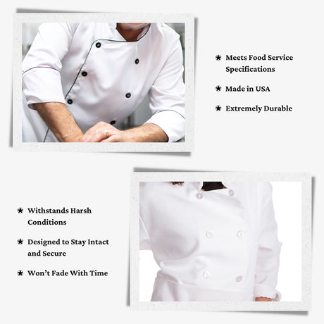 Two chefs in white coats highlight the durability and quality of these garments, featuring Commercial Food Service Buttons for long-lasting performance.