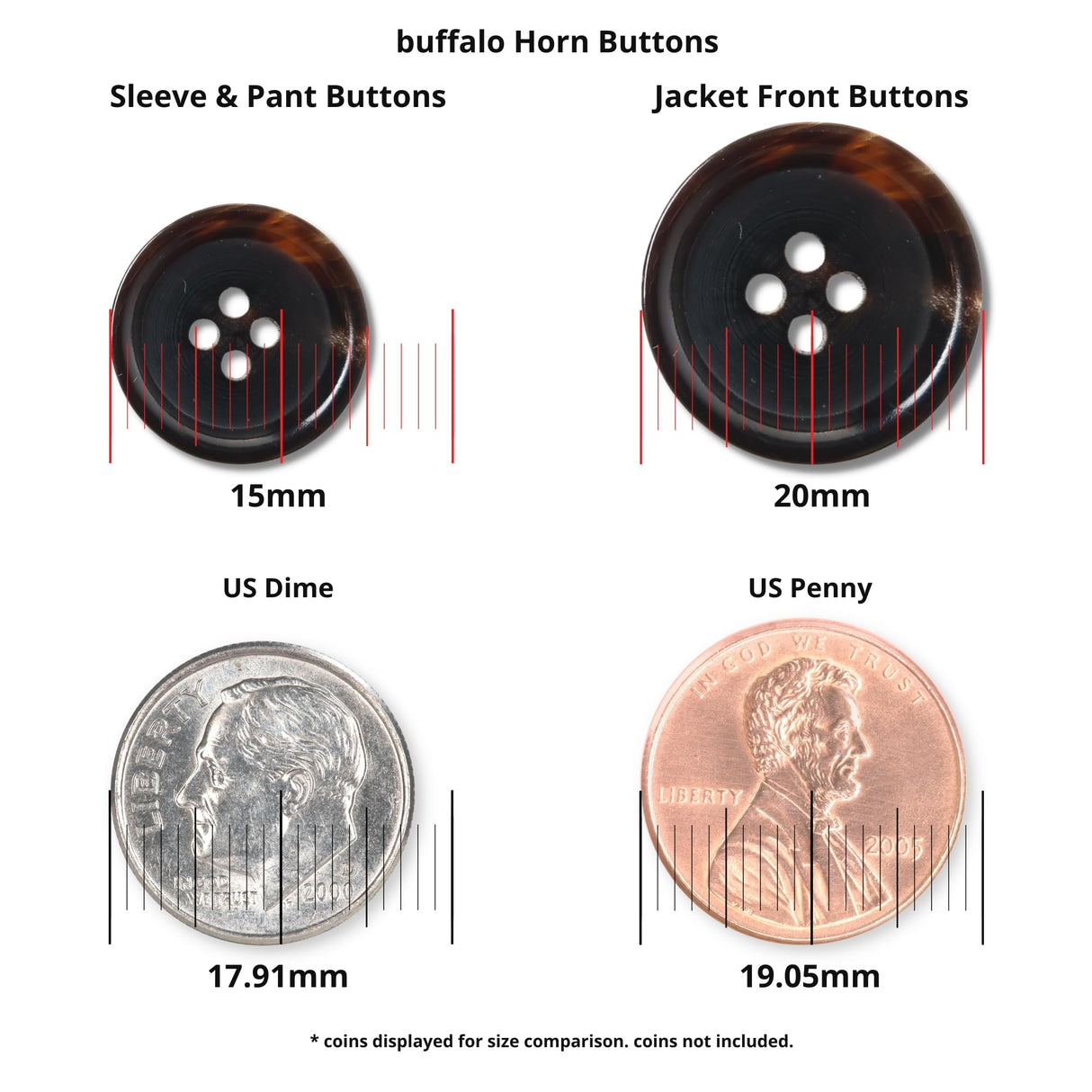 Four round objects: two Buffalo Horn Suit Buttons (15mm, 20mm) perfect for suits, a US dime, and a US penny—all displayed for size comparison.