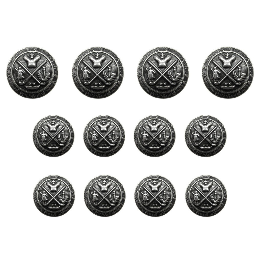 Set of eleven identical round silver Coat of Arms Design Metal Blazer Buttons, each featuring crossed swords and a shield, ideal for blazers, displayed on a white background.