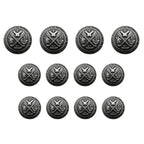 Set of eleven identical round silver Coat of Arms Design Metal Blazer Buttons, each featuring crossed swords and a shield, ideal for blazers, displayed on a white background.